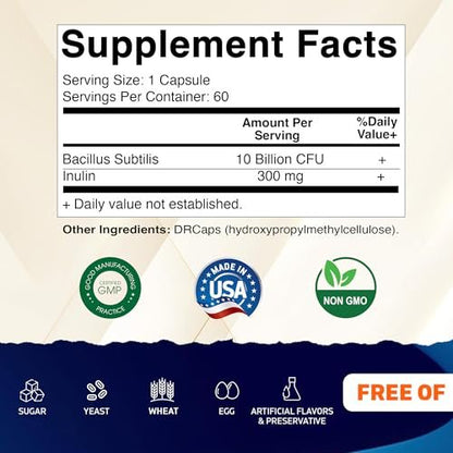 Vitamatic Bacillus Subtilis 10 Milliarden pro DR Kapsel - 60 Kapseln - Unterstützung für Verdauung, Darm und Immunsystem - Mit präbiotischem Inulin