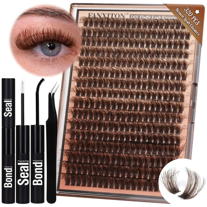 Braune Wimperncluster 320 Stück DIY Wimpernverlängerungsset Natürlicher Look D 8-16 mm gemischt mit Wimpernkleber und Pinzette für zu Hause