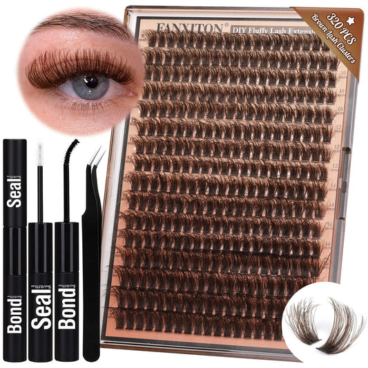 Braune Wimperncluster 320 Stück DIY Wimpernverlängerungsset Natürlicher Look D 8-16 mm gemischt mit Wimpernkleber und Pinzette für zu Hause