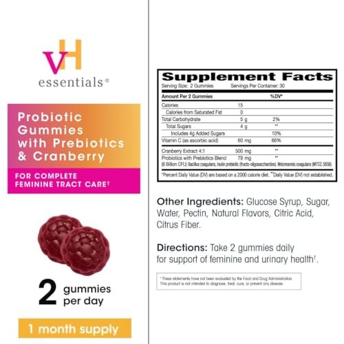 vH Essentials Probiotische Gummis mit Präbiotika & Cranberry – für die Gesundheit der Harnwege und das vaginale Mikrobiom, 60 Stück