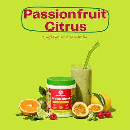 Amazing Grass Greens Blend Mood – Super Greens Pulver für Stressabbau, L-Theanin, Entspannung, Spirulina, Probiotika, Passionsfrucht-Zitrusgeschmack, 30 Portionen, 210 g