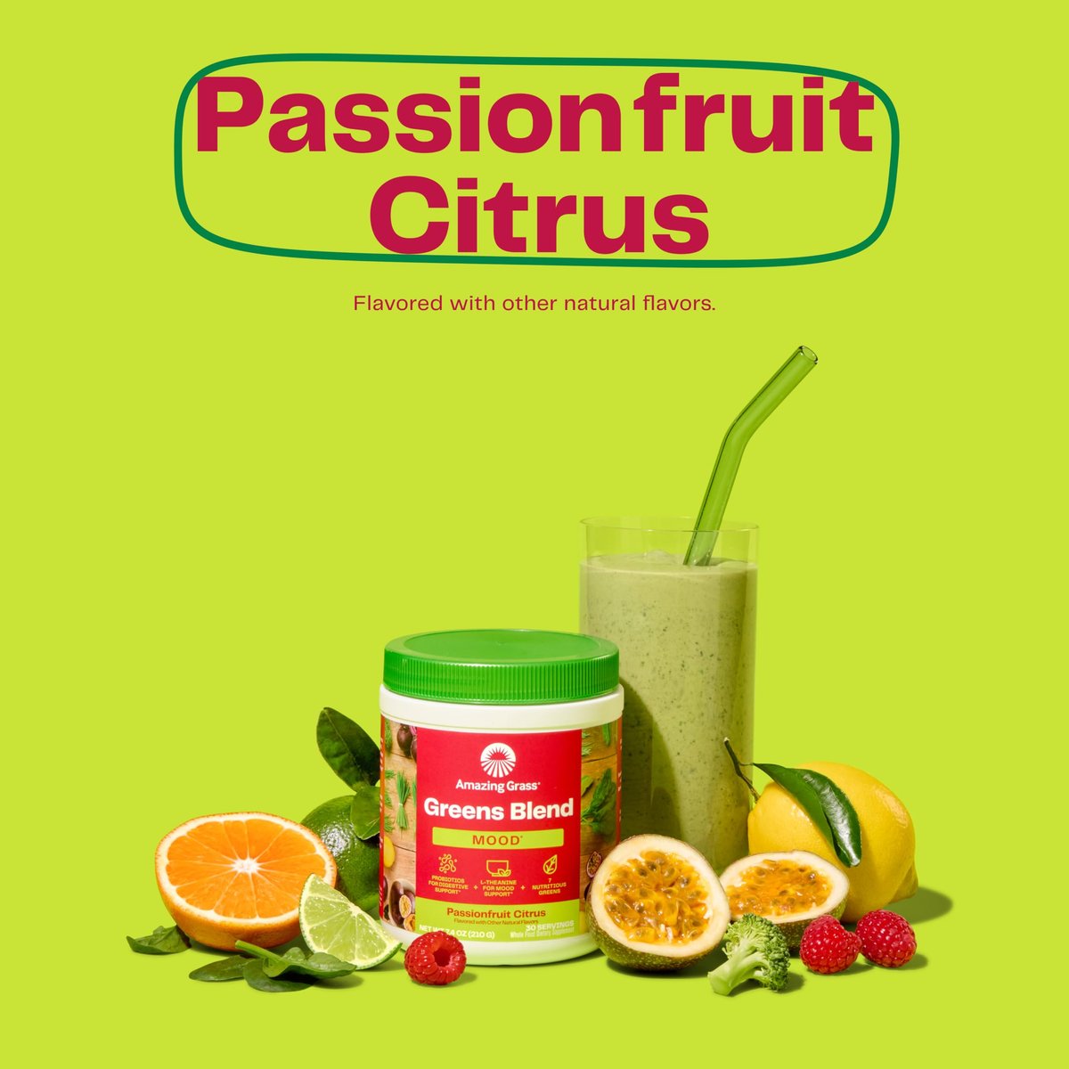 Amazing Grass Greens Blend Mood – Super Greens Pulver für Stressabbau, L-Theanin, Entspannung, Spirulina, Probiotika, Passionsfrucht-Zitrusgeschmack, 30 Portionen, 210 g