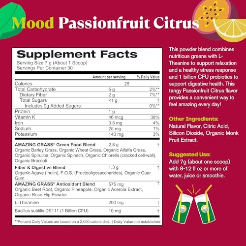Amazing Grass Greens Blend Mood – Super Greens Pulver für Stressabbau, L-Theanin, Entspannung, Spirulina, Probiotika, Passionsfrucht-Zitrusgeschmack, 30 Portionen, 210 g