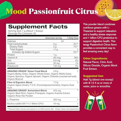 Amazing Grass Greens Blend Mood – Super Greens Pulver für Stressabbau, L-Theanin, Entspannung, Spirulina, Probiotika, Passionsfrucht-Zitrusgeschmack, 30 Portionen, 210 g