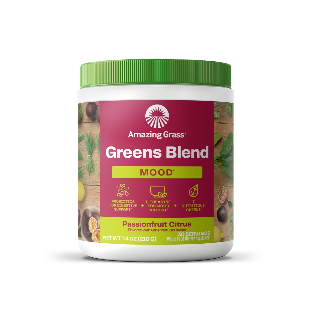 Amazing Grass Greens Blend Mood – Super Greens Pulver für Stressabbau, L-Theanin, Entspannung, Spirulina, Probiotika, Passionsfrucht-Zitrusgeschmack, 30 Portionen, 210 g