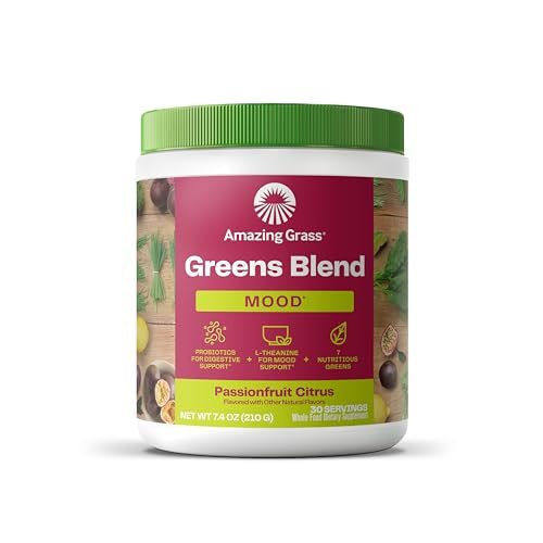 Amazing Grass Greens Blend Mood – Super Greens Pulver für Stressabbau, L-Theanin, Entspannung, Spirulina, Probiotika, Passionsfrucht-Zitrusgeschmack, 30 Portionen, 210 g