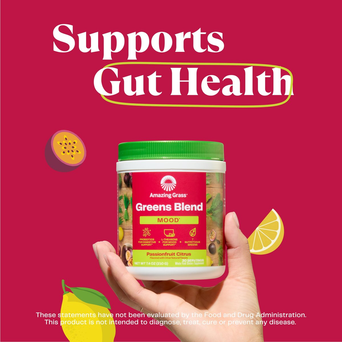 Amazing Grass Greens Blend Mood – Super Greens Pulver für Stressabbau, L-Theanin, Entspannung, Spirulina, Probiotika, Passionsfrucht-Zitrusgeschmack, 30 Portionen, 210 g