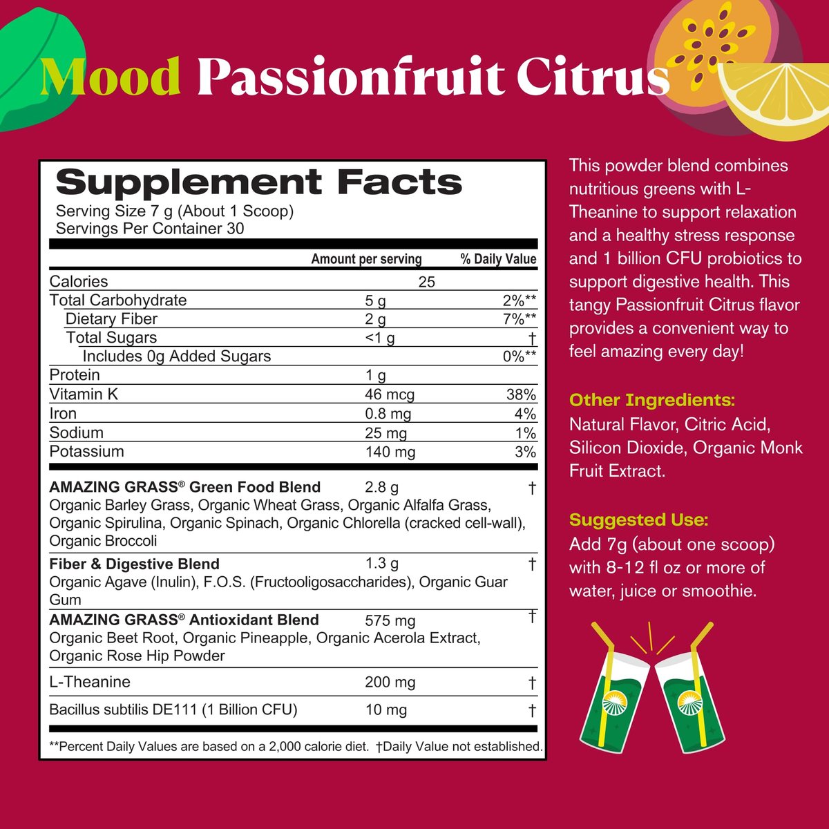 Amazing Grass Greens Blend Mood – Super Greens Pulver für Stressabbau, L-Theanin, Entspannung, Spirulina, Probiotika, Passionsfrucht-Zitrusgeschmack, 30 Portionen, 210 g