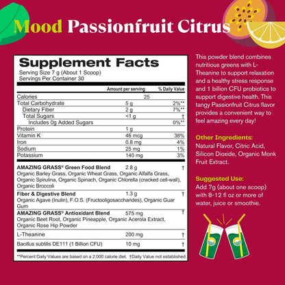 Amazing Grass Greens Blend Mood – Super Greens Pulver für Stressabbau, L-Theanin, Entspannung, Spirulina, Probiotika, Passionsfrucht-Zitrusgeschmack, 30 Portionen, 210 g