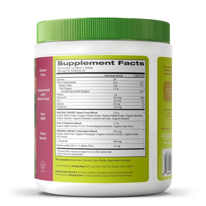 Amazing Grass Greens Blend Mood – Super Greens Pulver für Stressabbau, L-Theanin, Entspannung, Spirulina, Probiotika, Passionsfrucht-Zitrusgeschmack, 30 Portionen, 210 g