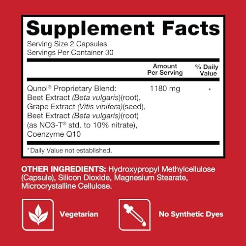 Qunol Blutdruck Unterstützung, 3 in 1 Rote Beete + CoQ10 + Traubenkernextrakt, Kapseln zur Förderung einer gesunden Durchblutung & herzgesunder Energie, 60 Kapseln (1 Packung)
