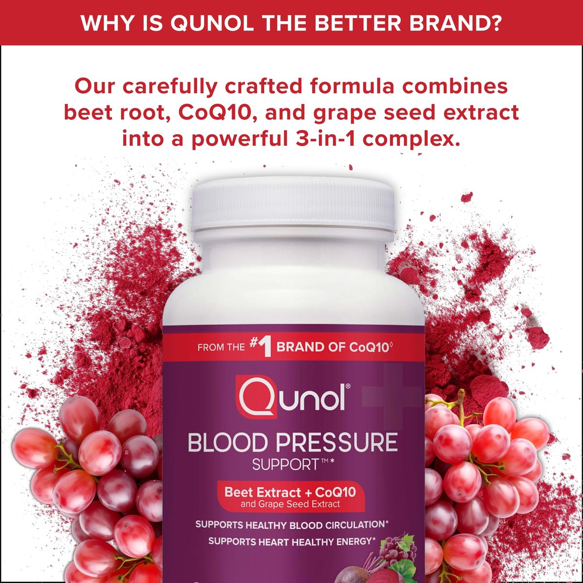 Qunol Blutdruck Unterstützung, 3 in 1 Rote Beete + CoQ10 + Traubenkernextrakt, Kapseln zur Förderung einer gesunden Durchblutung & herzgesunder Energie, 60 Kapseln (1 Packung)