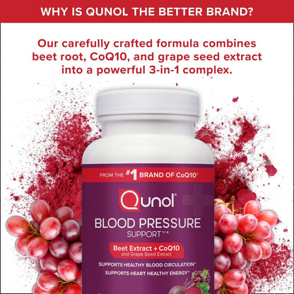 Qunol Blutdruck Unterstützung, 3 in 1 Rote Beete + CoQ10 + Traubenkernextrakt, Kapseln zur Förderung einer gesunden Durchblutung & herzgesunder Energie, 60 Kapseln (1 Packung)