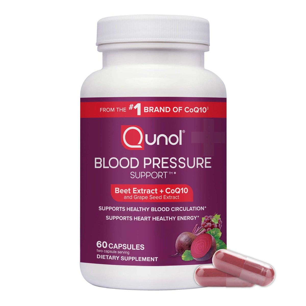 Qunol Blutdruck Unterstützung, 3 in 1 Rote Beete + CoQ10 + Traubenkernextrakt, Kapseln zur Förderung einer gesunden Durchblutung & herzgesunder Energie, 60 Kapseln (1 Packung)