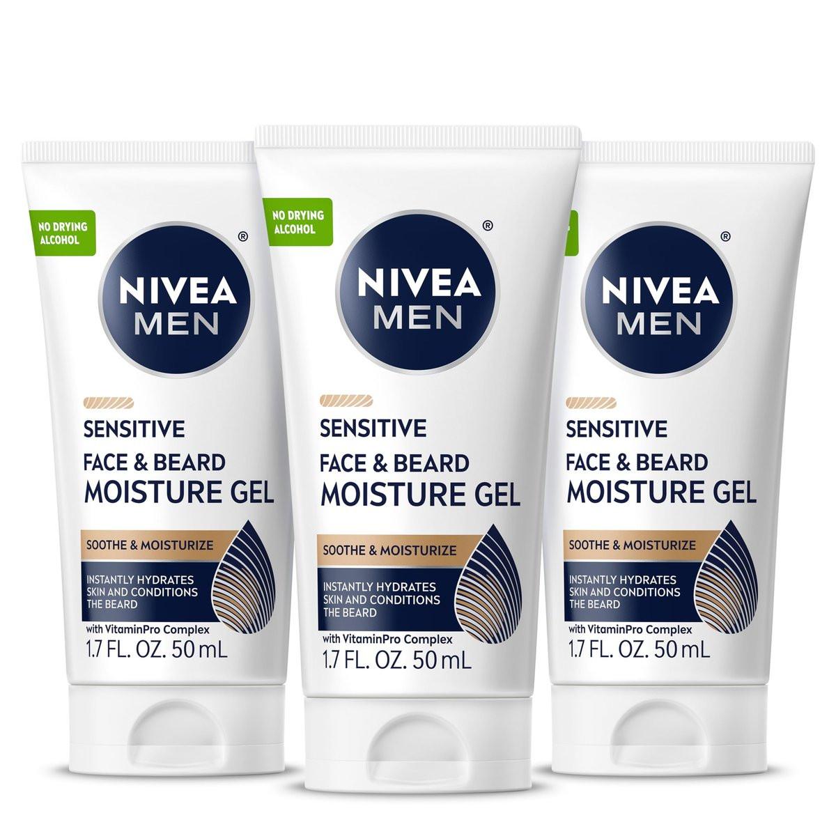 NIVEA MEN Sensitive Feuchtigkeitsgel für Gesicht und Bart – Sanfte Pflege für Haut und Bart, 3er-Pack (3 x 50 ml)