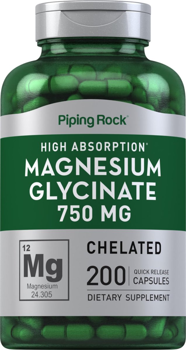 Piping Rock Magnesiumglycinat Kapseln | 750 mg | 200 Kapseln | Chelat-Komplex | Hohe Absorption | Non-GMO & Glutenfrei