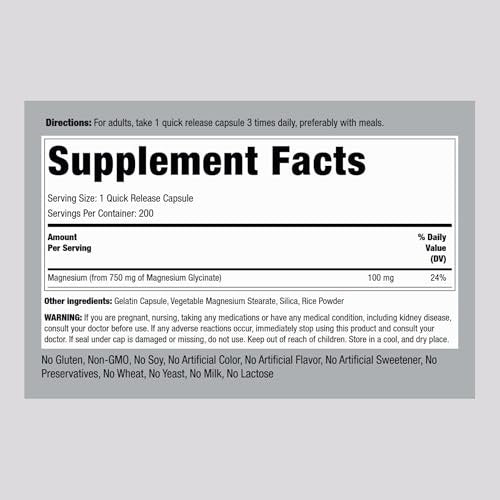 Piping Rock Magnesiumglycinat Kapseln | 750 mg | 200 Kapseln | Chelat-Komplex | Hohe Absorption | Non-GMO & Glutenfrei