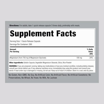 Piping Rock Magnesiumglycinat Kapseln | 750 mg | 200 Kapseln | Chelat-Komplex | Hohe Absorption | Non-GMO & Glutenfrei