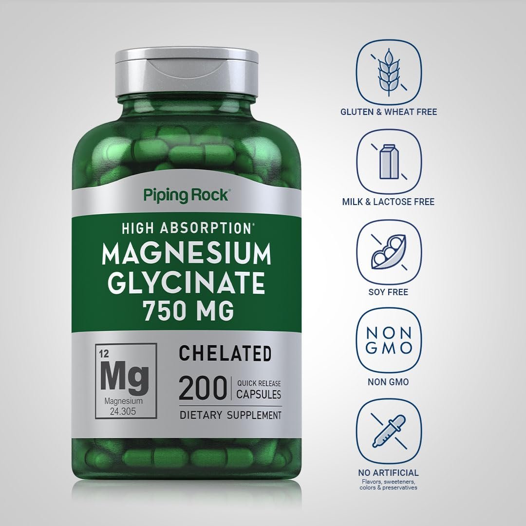 Piping Rock Magnesiumglycinat Kapseln | 750 mg | 200 Kapseln | Chelat-Komplex | Hohe Absorption | Non-GMO & Glutenfrei