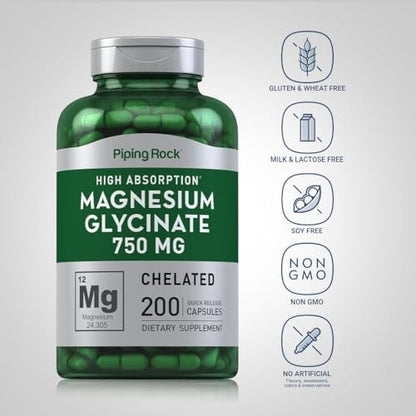 Piping Rock Magnesiumglycinat Kapseln | 750 mg | 200 Kapseln | Chelat-Komplex | Hohe Absorption | Non-GMO & Glutenfrei