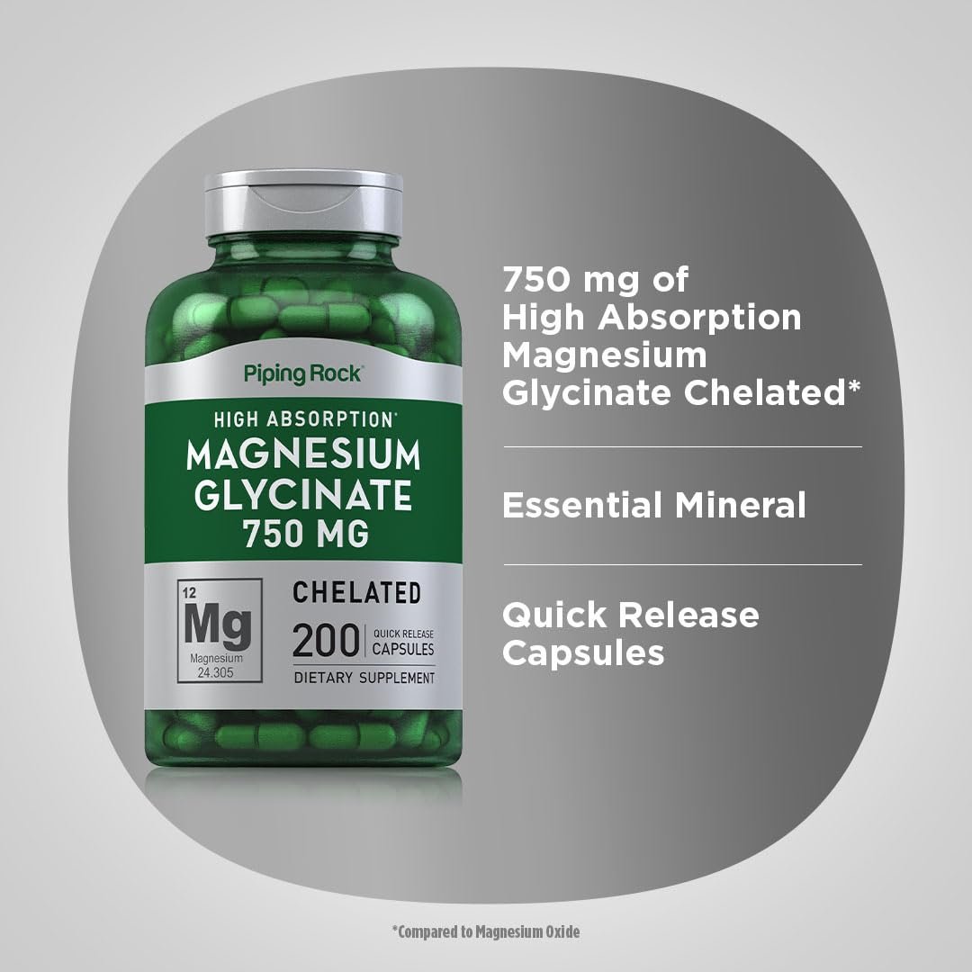 Piping Rock Magnesiumglycinat Kapseln | 750 mg | 200 Kapseln | Chelat-Komplex | Hohe Absorption | Non-GMO & Glutenfrei