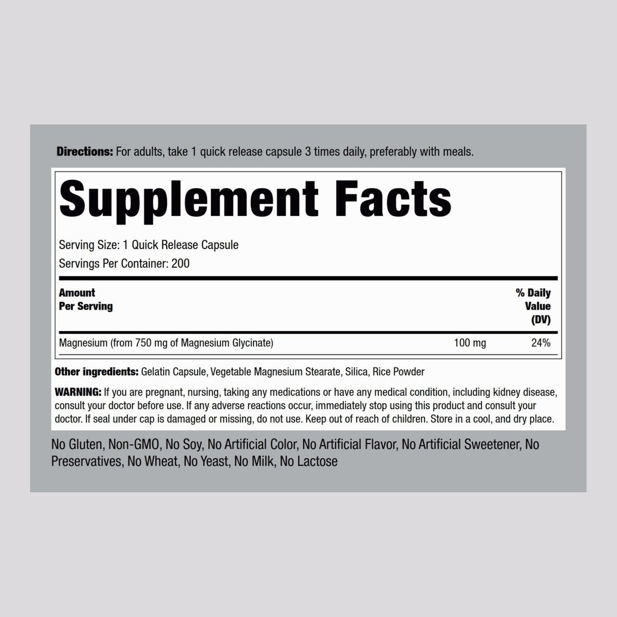 Piping Rock Magnesiumglycinat Kapseln | 750 mg | 200 Kapseln | Chelat-Komplex | Hohe Absorption | Non-GMO & Glutenfrei