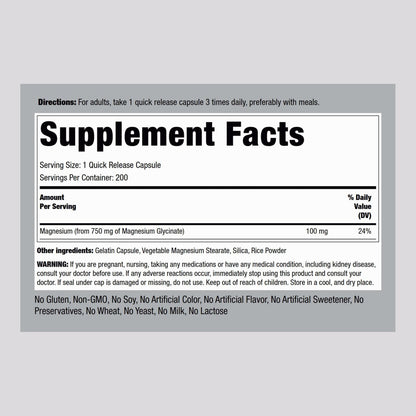 Piping Rock Magnesiumglycinat Kapseln | 750 mg | 200 Kapseln | Chelat-Komplex | Hohe Absorption | Non-GMO & Glutenfrei