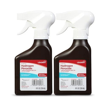 Leader Wasserstoffperoxid 3% Lösung zur topischen Anwendung, Erste-Hilfe-Antiseptikum, Mehrzweckreiniger, Sanft und effektiv für Zuhause, Schnitte und Schürfwunden, einfach zu verwenden, 8 Fl Oz Sprühflasche (2er-Pack)