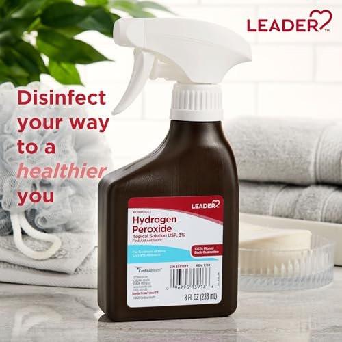 Leader Wasserstoffperoxid 3% Lösung zur topischen Anwendung, Erste-Hilfe-Antiseptikum, Mehrzweckreiniger, Sanft und effektiv für Zuhause, Schnitte und Schürfwunden, einfach zu verwenden, 8 Fl Oz Sprühflasche (2er-Pack)