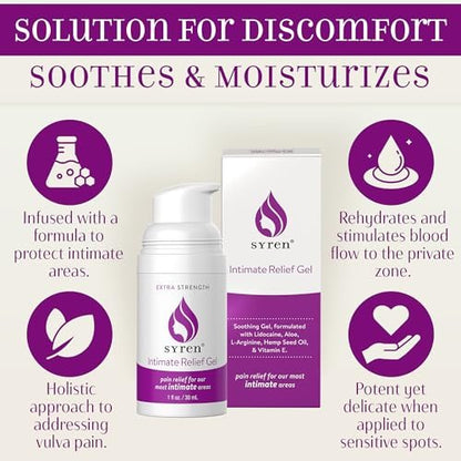 Syren Intimate Relief Gel mit 4% Lidocain – Äußere Empfindlichkeit, Vulvodynie, Dyspareunie, vaginale Beschwerden, Trockenheit, sanfte Unterstützung nach der Geburt und nach Eingriffen, 28 g, Hergestellt in den USA
