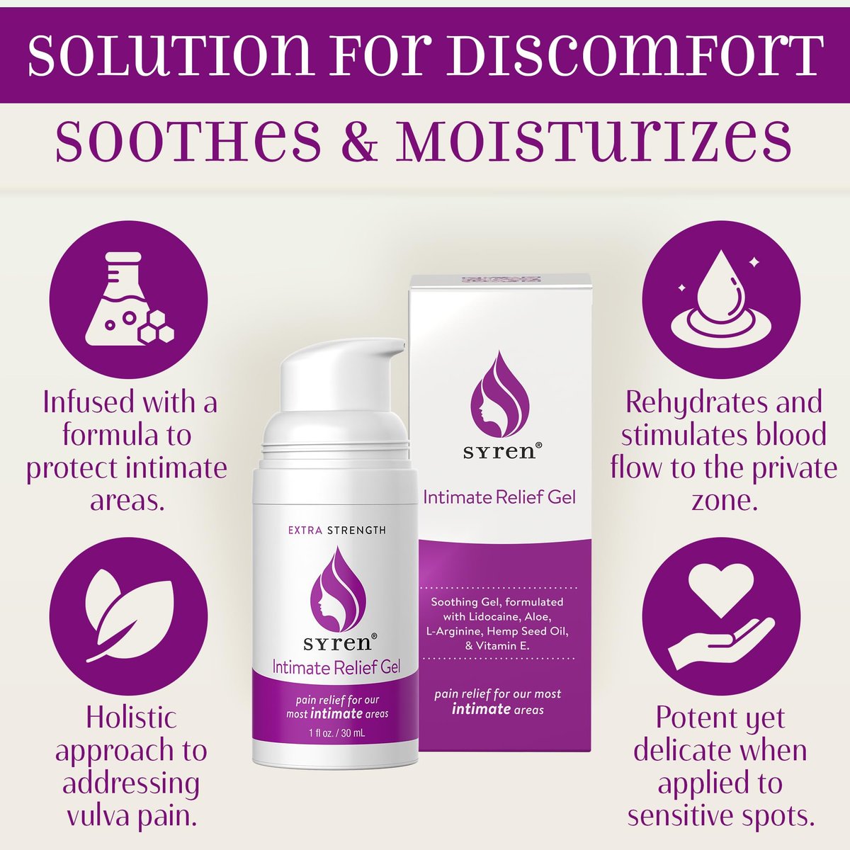 Syren Intimate Relief Gel mit 4% Lidocain – Äußere Empfindlichkeit, Vulvodynie, Dyspareunie, vaginale Beschwerden, Trockenheit, sanfte Unterstützung nach der Geburt und nach Eingriffen, 28 g, Hergestellt in den USA