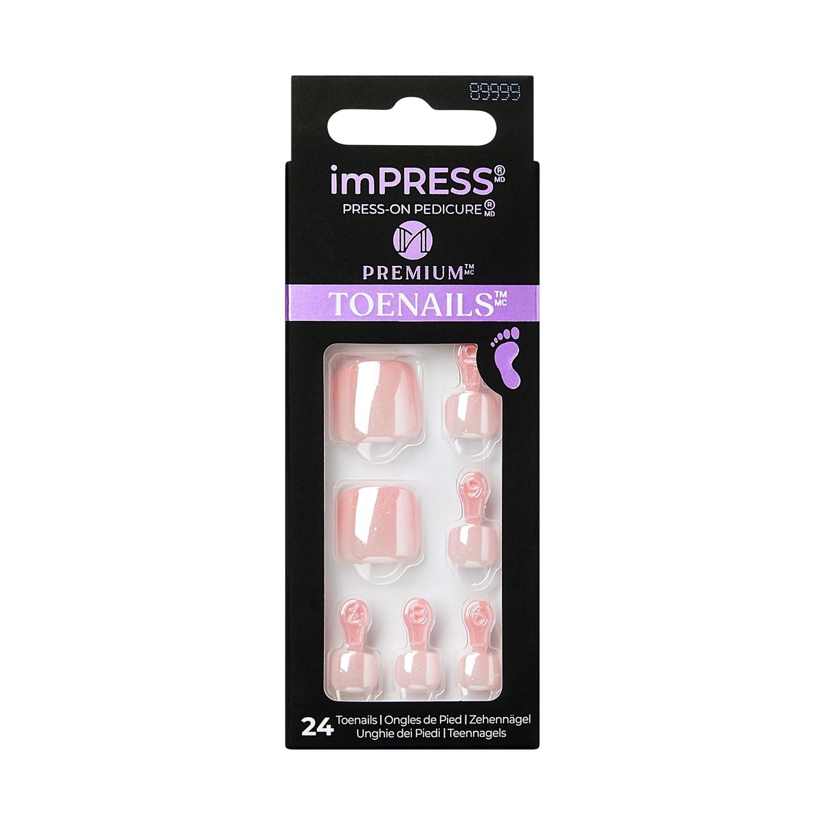 KISS imPRESS Premium No Glue Pedi Press-On Toenägel – Glitzerndes Hellrosa, Perlen, Squoval Form, 24 Nägel, Vorbereitungspad, Manikürestab, Mini-Feile