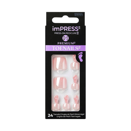 KISS imPRESS Premium No Glue Pedi Press-On Toenägel – Glitzerndes Hellrosa, Perlen, Squoval Form, 24 Nägel, Vorbereitungspad, Manikürestab, Mini-Feile