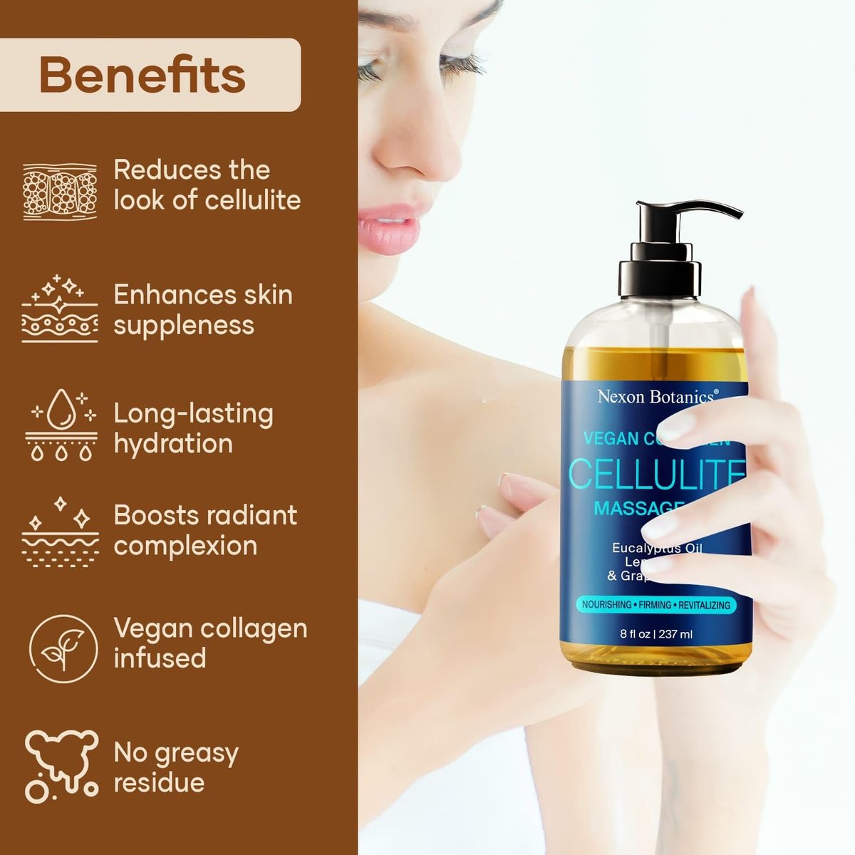 Anti-Cellulite Massageöl für Massagetherapie 8 fl oz – Erfrischend und Entspannend – Natürliche Öle mit veganem Kollagen und Stammzellen – für Männer und Frauen – Nexon Botanics