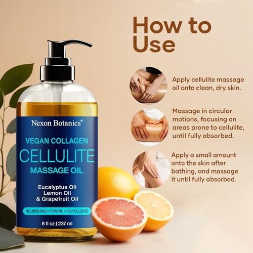 Anti-Cellulite Massageöl für Massagetherapie 8 fl oz – Erfrischend und Entspannend – Natürliche Öle mit veganem Kollagen und Stammzellen – für Männer und Frauen – Nexon Botanics