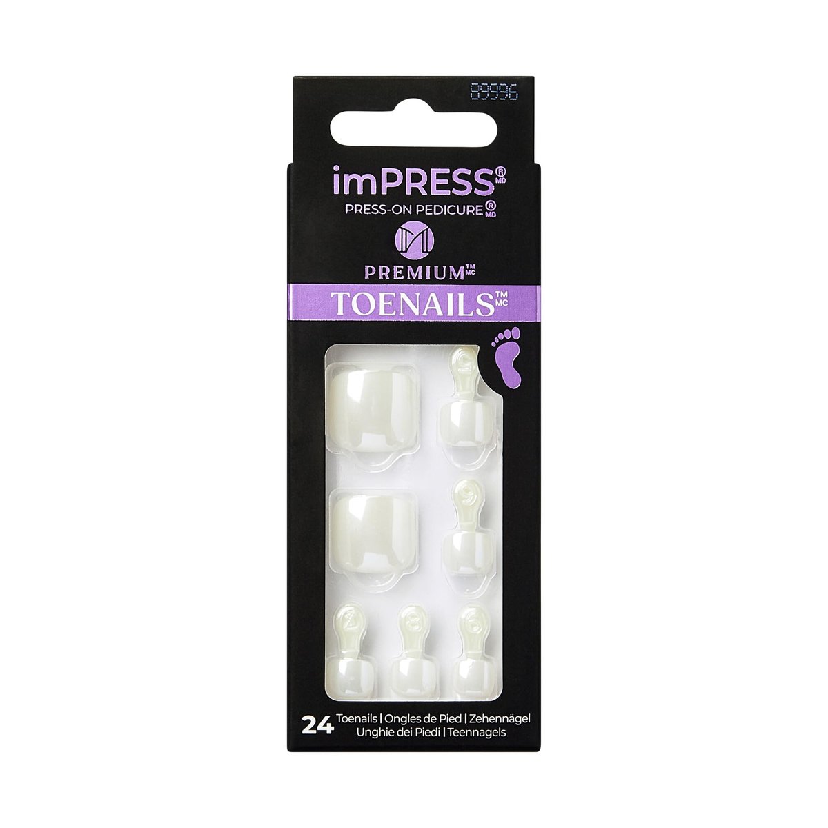 KISS imPRESS Premium No Glue Pedi Press-On Zehennägel, Perlweiß, Squoval Form, 24 Nägel