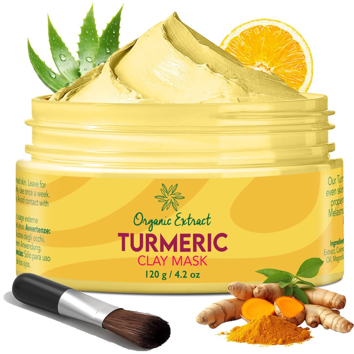 ORGANIC EXTRACT Kurkuma Gesichtsmaske – 4,2 fl oz / 120 g – Vitamin C aufhellende Tonmaske für das Gesicht, entwickelt zur Reduzierung von dunklen Flecken, tiefenreinigende Tonmaske mit Honig, Jojobaöl, Aloe Vera