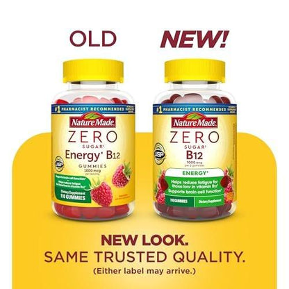Nature Made Zero Sugar Energie Vitamin B12 Gummies 1000 µg pro Portion – Zuckerfreie B12 Vitamine für Energiestoffwechsel, Aspartamfrei, 110 Stück, 55 Tage Vorrat