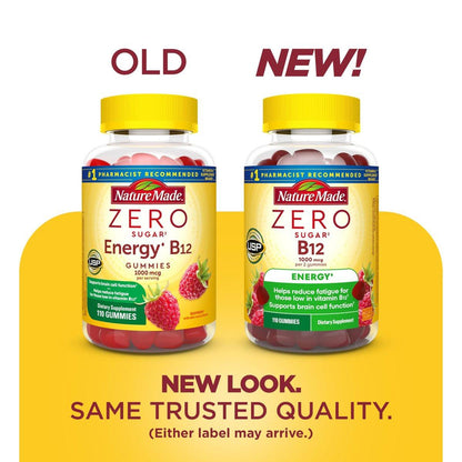 Nature Made Zero Sugar Energie Vitamin B12 Gummies 1000 µg pro Portion – Zuckerfreie B12 Vitamine für Energiestoffwechsel, Aspartamfrei, 110 Stück, 55 Tage Vorrat