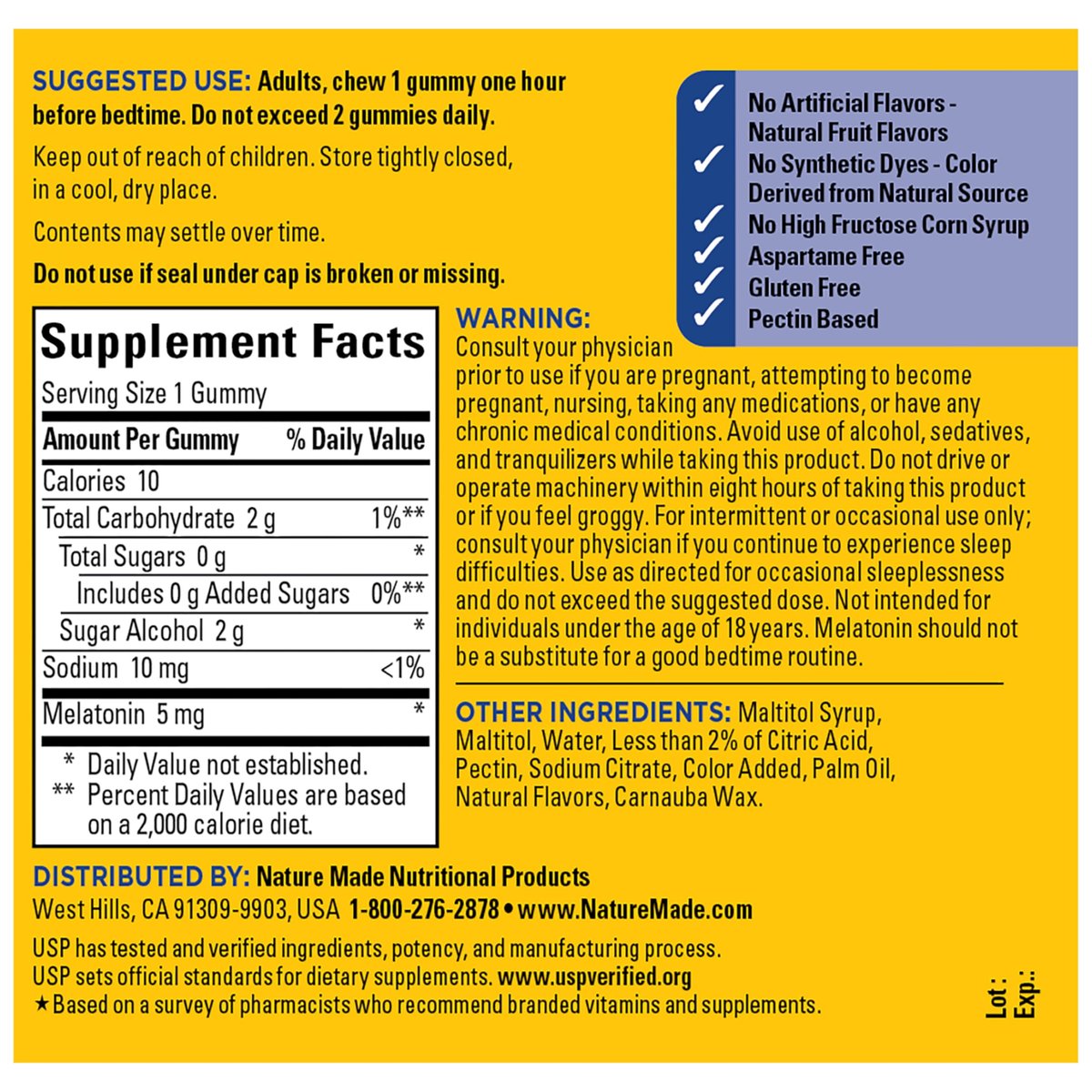 Nature Made Zero Sugar Melatonin 5mg Schlafgummis für Erwachsene Extra Stärke, 100 % medikamentenfreies Schlafmittel, Aspartamfrei, 70 zuckerfreie Melatonin-Gummis, 70-Tage-Vorrat