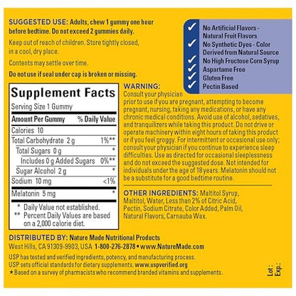Nature Made Zero Sugar Melatonin 5mg Schlafgummis für Erwachsene Extra Stärke, 100 % medikamentenfreies Schlafmittel, Aspartamfrei, 70 zuckerfreie Melatonin-Gummis, 70-Tage-Vorrat