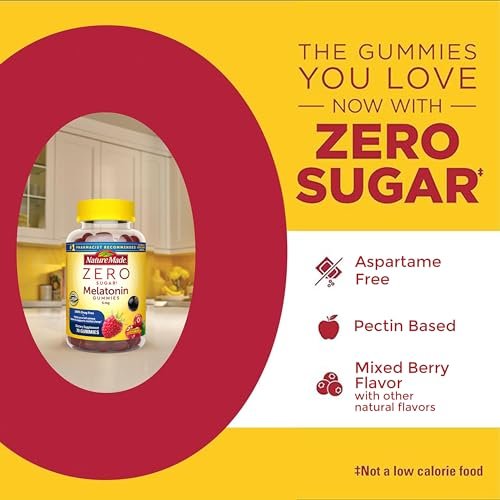 Nature Made Zero Sugar Melatonin 5mg Schlafgummis für Erwachsene Extra Stärke, 100 % medikamentenfreies Schlafmittel, Aspartamfrei, 70 zuckerfreie Melatonin-Gummis, 70-Tage-Vorrat