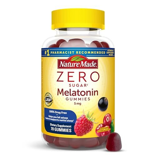 Nature Made Zero Sugar Melatonin 5mg Schlafgummis für Erwachsene Extra Stärke, 100 % medikamentenfreies Schlafmittel, Aspartamfrei, 70 zuckerfreie Melatonin-Gummis, 70-Tage-Vorrat