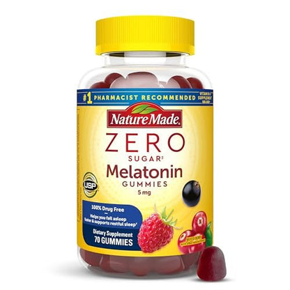 Nature Made Zero Sugar Melatonin 5mg Schlafgummis für Erwachsene Extra Stärke, 100 % medikamentenfreies Schlafmittel, Aspartamfrei, 70 zuckerfreie Melatonin-Gummis, 70-Tage-Vorrat