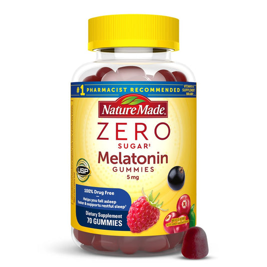 Nature Made Zero Sugar Melatonin 5mg Schlafgummis für Erwachsene Extra Stärke, 100 % medikamentenfreies Schlafmittel, Aspartamfrei, 70 zuckerfreie Melatonin-Gummis, 70-Tage-Vorrat