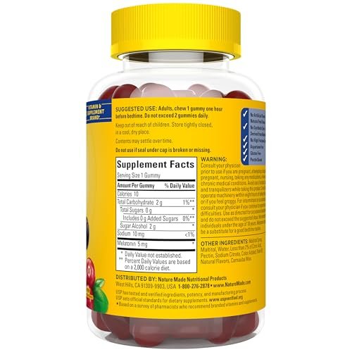 Nature Made Zero Sugar Melatonin 5mg Schlafgummis für Erwachsene Extra Stärke, 100 % medikamentenfreies Schlafmittel, Aspartamfrei, 70 zuckerfreie Melatonin-Gummis, 70-Tage-Vorrat