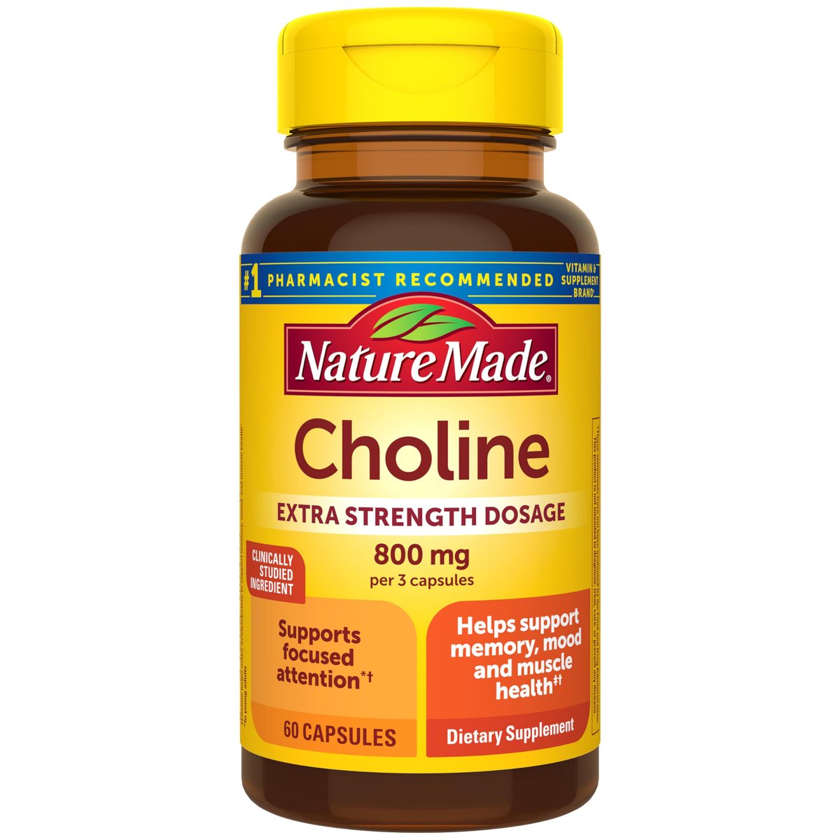 Nature Made Extra Stärke Cholin Nahrungsergänzungsmittel 800 mg pro 3 Kapseln, Gehirngesundheit, Stimmung, Muskel- & Leberunterstützung, Vegetarisch, 60 Kapseln, 20-Tage-Vorrat