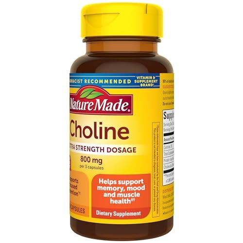 Nature Made Extra Stärke Cholin Nahrungsergänzungsmittel 800 mg pro 3 Kapseln, Gehirngesundheit, Stimmung, Muskel- & Leberunterstützung, Vegetarisch, 60 Kapseln, 20-Tage-Vorrat