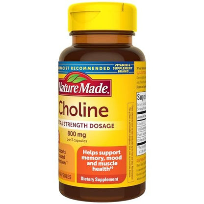 Nature Made Extra Stärke Cholin Nahrungsergänzungsmittel 800 mg pro 3 Kapseln, Gehirngesundheit, Stimmung, Muskel- & Leberunterstützung, Vegetarisch, 60 Kapseln, 20-Tage-Vorrat