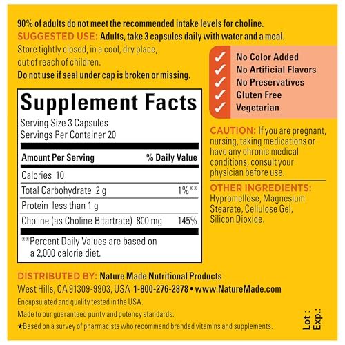 Nature Made Extra Stärke Cholin Nahrungsergänzungsmittel 800 mg pro 3 Kapseln, Gehirngesundheit, Stimmung, Muskel- & Leberunterstützung, Vegetarisch, 60 Kapseln, 20-Tage-Vorrat